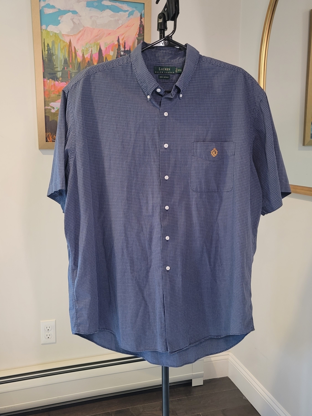 LAUREN Ralph Lauren 100% Cotton Short Sleeve Button Down Blue Check Size XXL